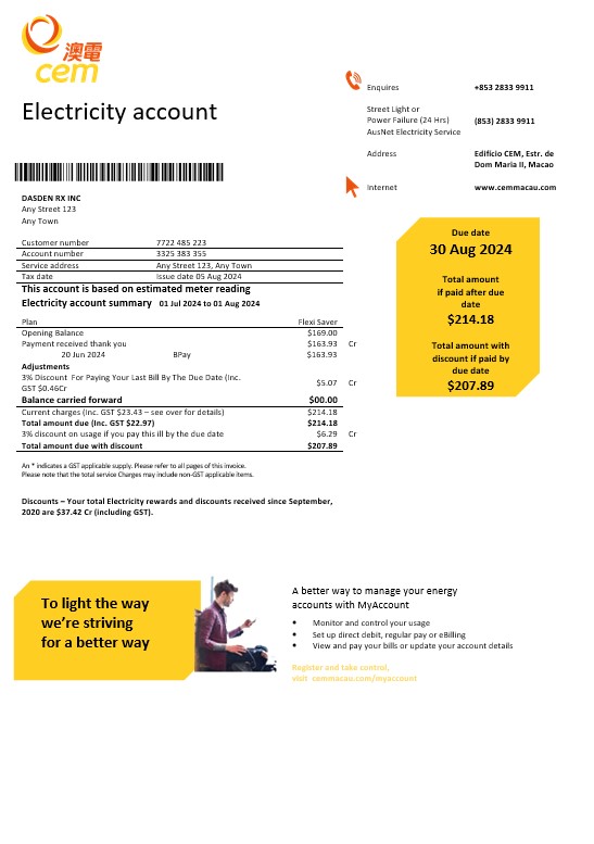 Macau CEM electricity business utility bill Word and PDF template PSD template